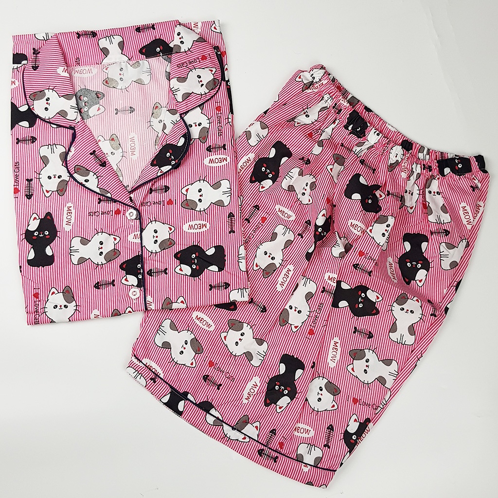 Setelan Piyama Dewasa Celana Pendek Lengan Pendek Hotpant All Size-HPL CAT STRIP PINK