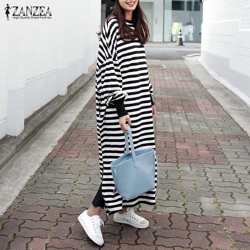 Zanzea Women Crew Neck Long Sleeve Side Pockets Split Loose Style Full Length Dress