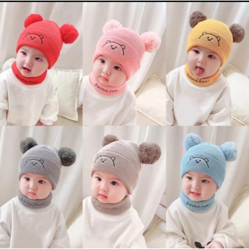 Topi Kupluk Bayi Pompom Bordir Bear