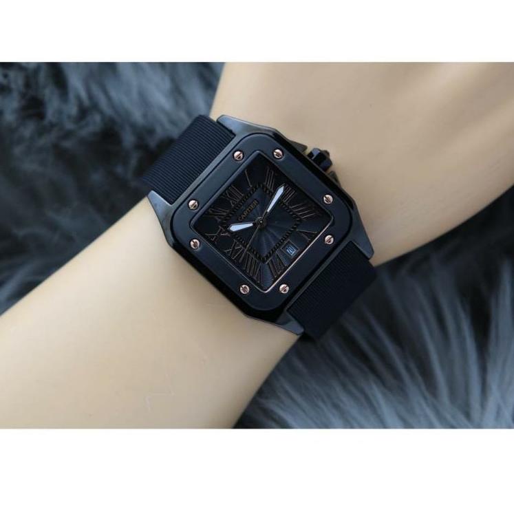 [WGP.20Au22ᴮ] Jam Tangan Wanita Cartier KZ Tali Rubber Body Segi Hitam Tanggal Aktif