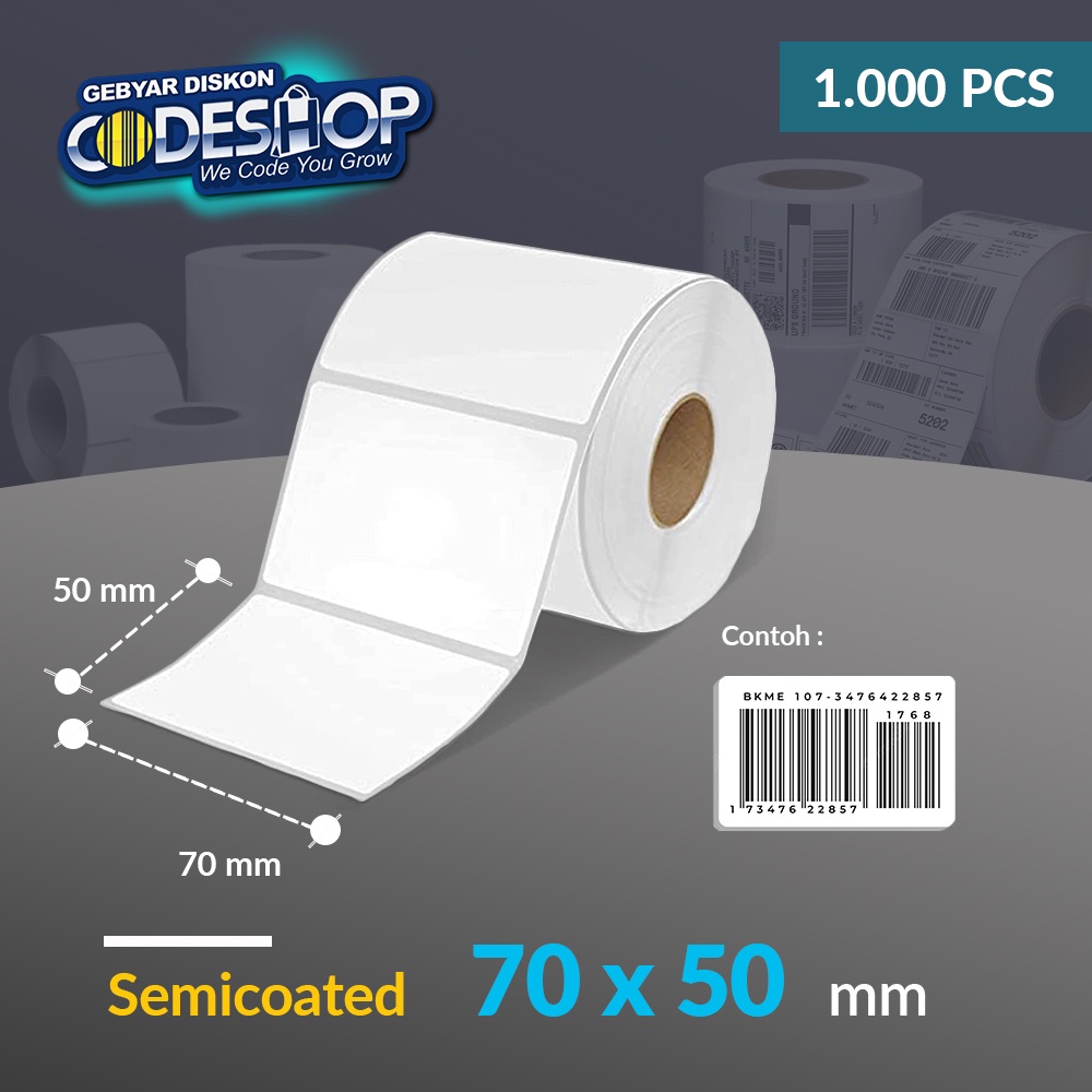 

Codeshop Label Semicoated 70 x 50 mm 1 Line Stiker Printer Barcode Core 1 Inch isi 1000 Pcs