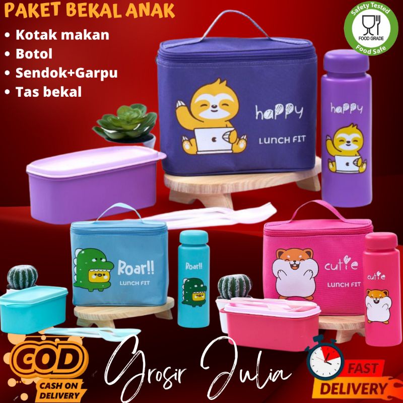 Tempat Kotak Makan Anak set JN Tas Bekal Sekolah Lengkap Lunch Box (Tas,Kotak Makan,Botol Minum ,Sendok Garpu)