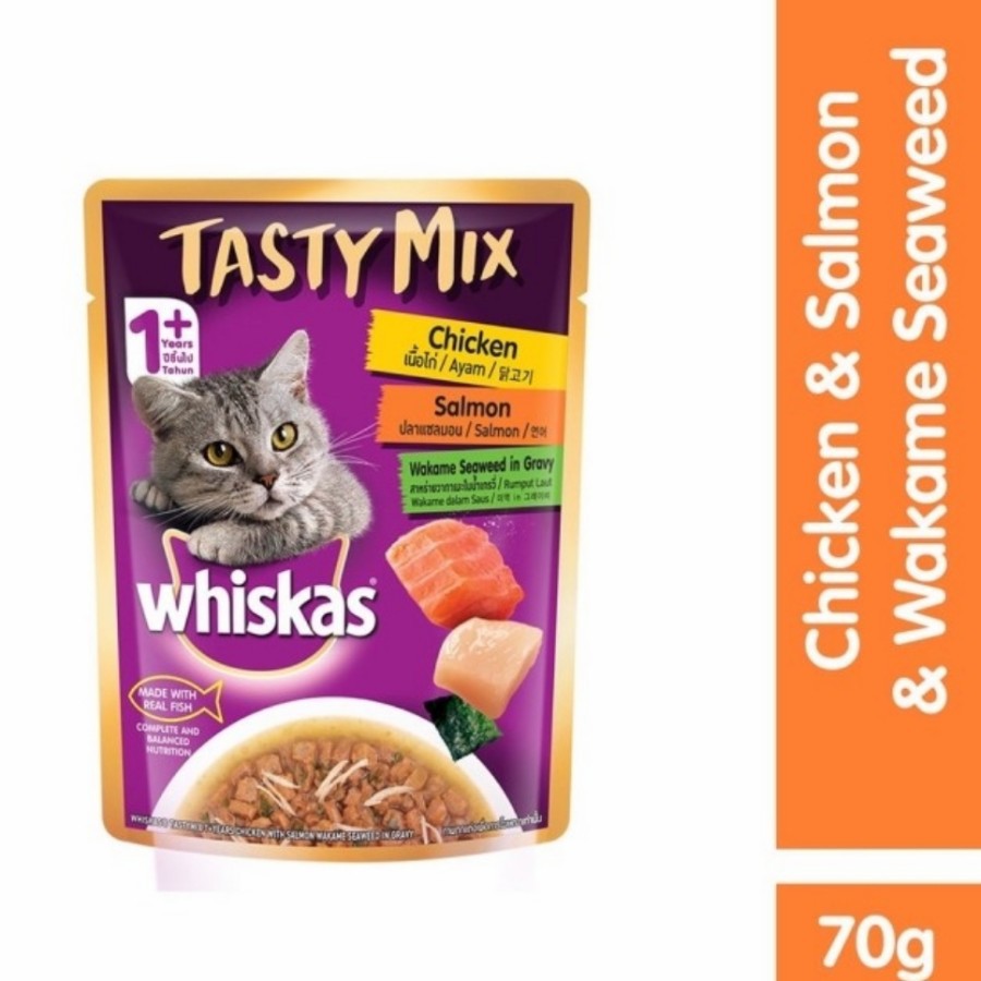 (4 POUCH) WHISKAS TASTY MIX CHICKEN &amp; SALMON &amp; WAKAME SEAWEED 70 GR