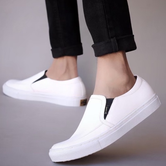 ENOZSTORE!!Sepatu Formal Slip On Putih Pria Kasual Keren Trendy Slop Cowo Kulit Asli Original