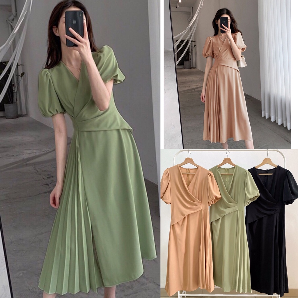 d0020 Import Dress Wanita Vivian Plisket Dress Pesta Dress Kondangan Midi Dress Party Dress Korea Vi