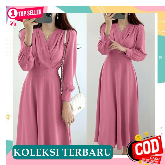 Black Dress Hitam Import Korean Dress Lengan Panjang Black Dress Pesta Dress V Glamola - Merah Muda