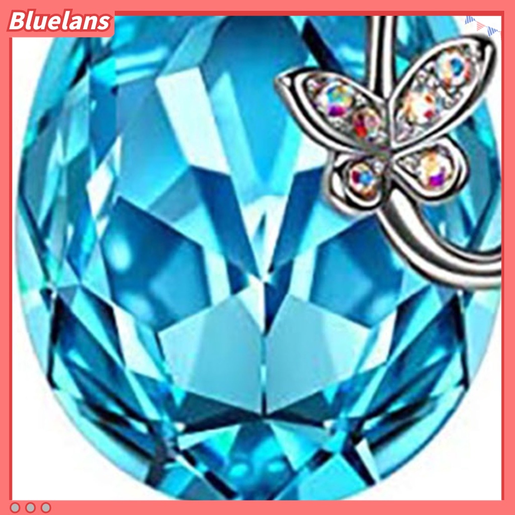 Kalung Rantai Desain Butterfly Waterdrop Aksen Kristal Imitasi Warna Biru Bahan Silver Plated Untuk Wanita