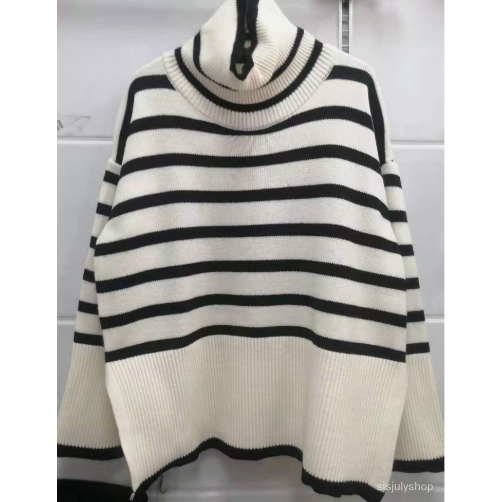 #Sisjuly# Jaket Pullover Rajut Longgar Wanita Bergaris Turtleneck Baru