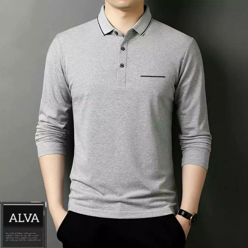 Kaos Saku Polos Lengan panjang pria Berkerah  Cotton Combed 24s