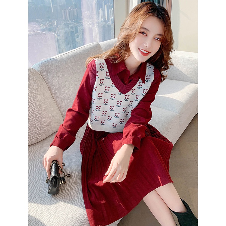 Zona cantikku - Setelan Dress Wanita Midi Lengan Panjang Fashionable+Rompi Rajut