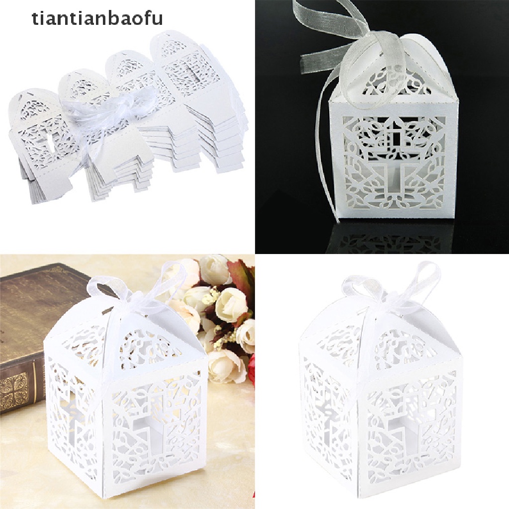 [tiantianbaofu] 10/50/100pcs Wedding Party Favor Cross Paper Candy Gift Boxes With Ribbon Boutique