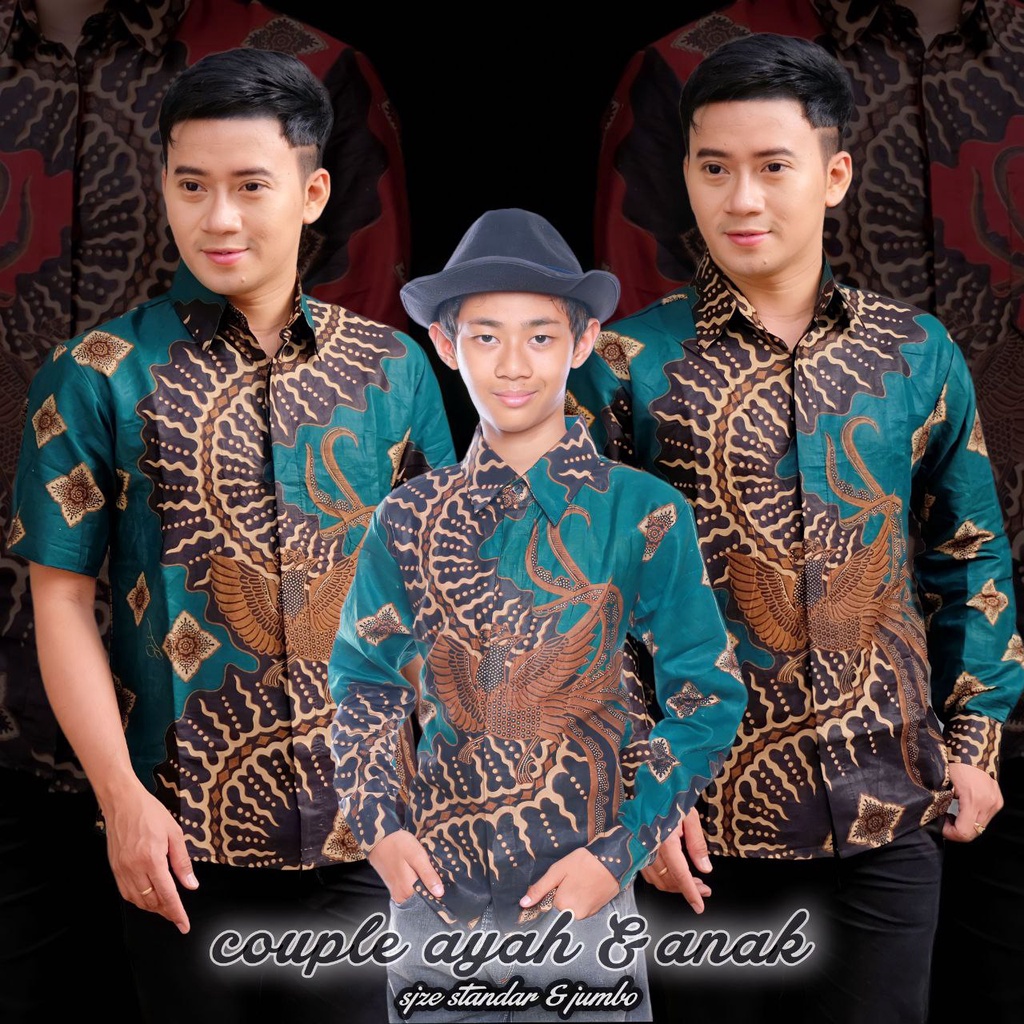 TERBARU Couple sweet || couple batik ayah dan anak cowok BATIK MOTIF KELABANG HIJAU modern/batik pria/kemeja batik pria Lengan panjang-Batik anak laki laki