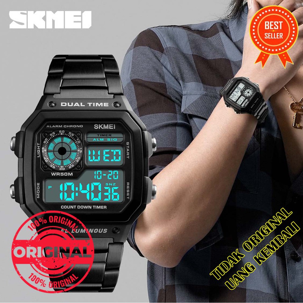 Jam Tangan Pria Model Persegi Digital/Jam Tangan Model Kotak Hitam Water Resistant 50m - SKMEI 1335