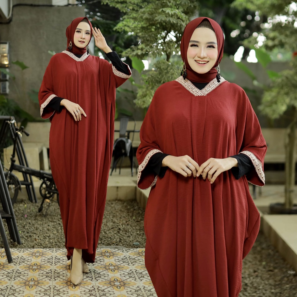 HOPYLOVY - Kaftan Wanita Muslim Bahan Crinkle Aplikasi Brenda Coklat Ishana