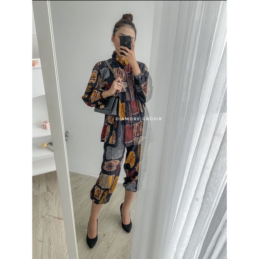 BLOOMS DAILY ONE SET / TIE DYE ONE SET RAYON / STELAN PIYAMA WANITA-JOSIN BLACK ONE SET