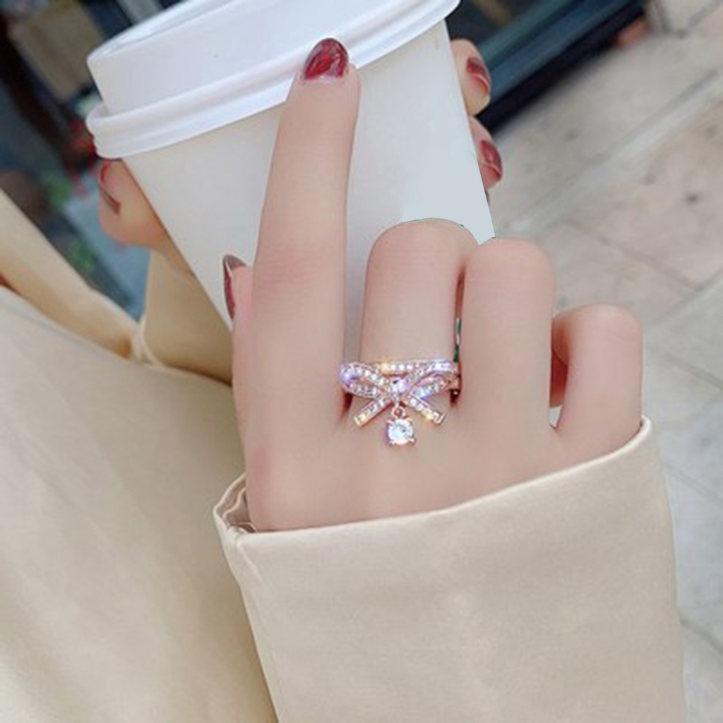 Hu Hu Hu Hu Hu Alat Bantu Pasang Kacamata♡ Cincin Model Terbuka Bahan Alloy Desain Pita Hias Cubic Zirconiaberlian Imitasi Gaya Mewah Untuk Valentine