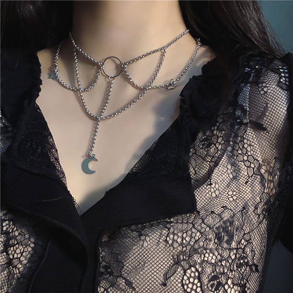 Kalung Choker Rantai Banyak Lapis Dengan Liontin Salib Bulan Gaya Punk Gothic Untuk Wanita