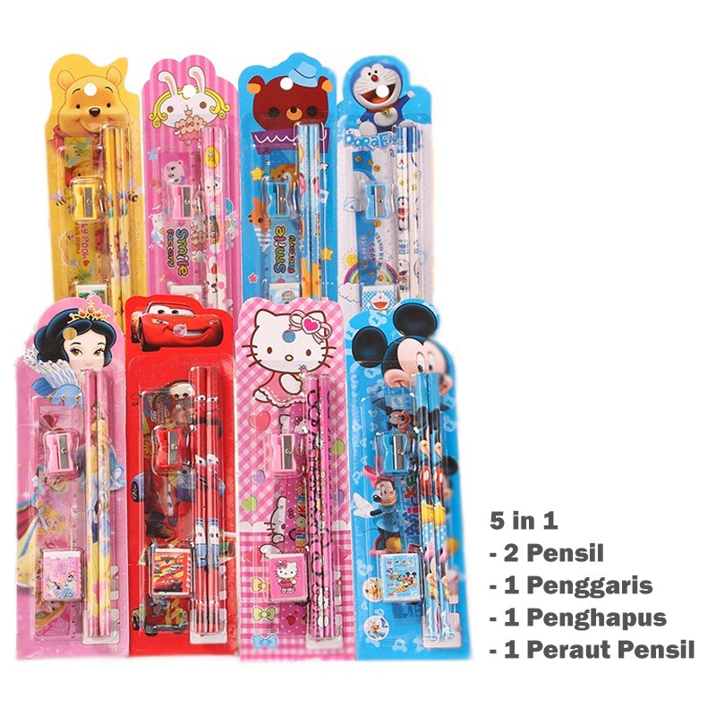 ☀ INDOLAND ☀ S004 MINI STATIONERY SET ALAT TULIS SEKOLAH 5 in 1 KARAKTER LUCU