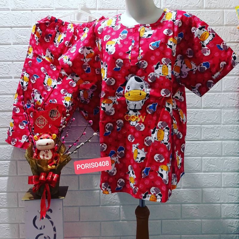 Baju Tidur Piyama &quot;HOKI&quot; katun wanita Celana 3/4 (happy cow)