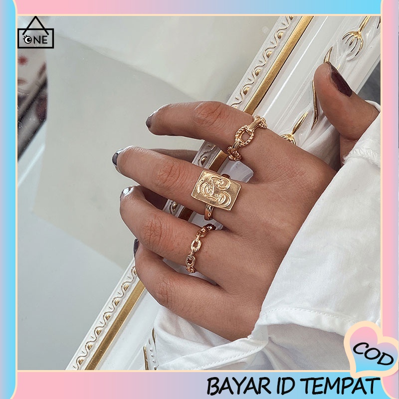 COD❤3pcs / Set Cincin Rantai Emas Model Terbuka Dapat Disesuaikan Untuk Aksesoris A one