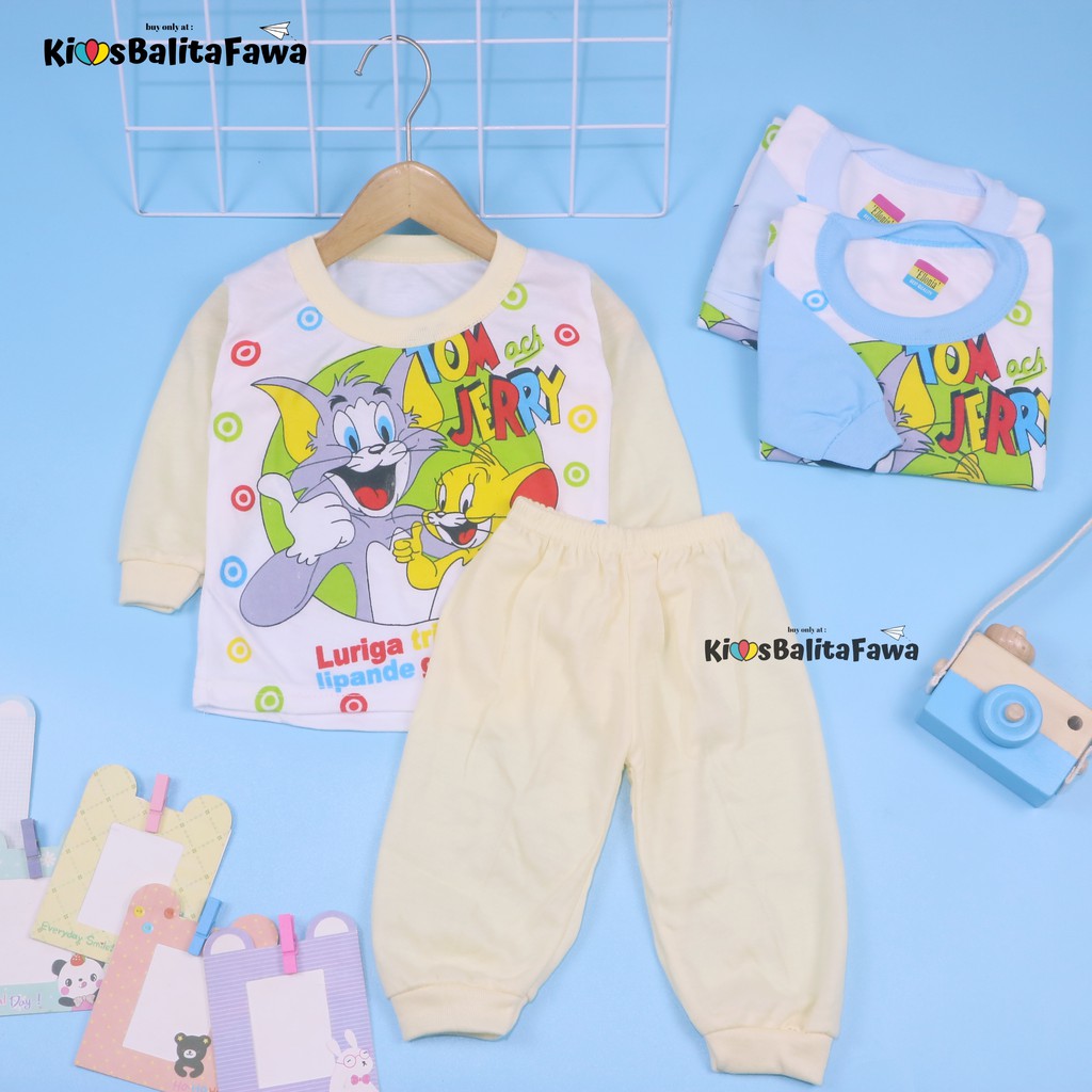 (BISA PILIH WARNA) Piyama Kaos Kartun Uk. Bayi 0-12 Bulan / Setelan Lengan Panjang Perempuan Laki Baju Tidur