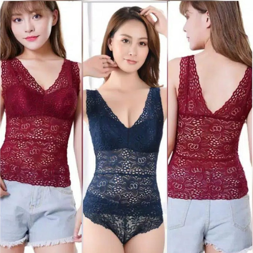 ATASAN TANKTOP TANK TOP KAMISOL V NECK PANJANG RENDA BRUKAT BROKAT PAKAI CUP BUSA