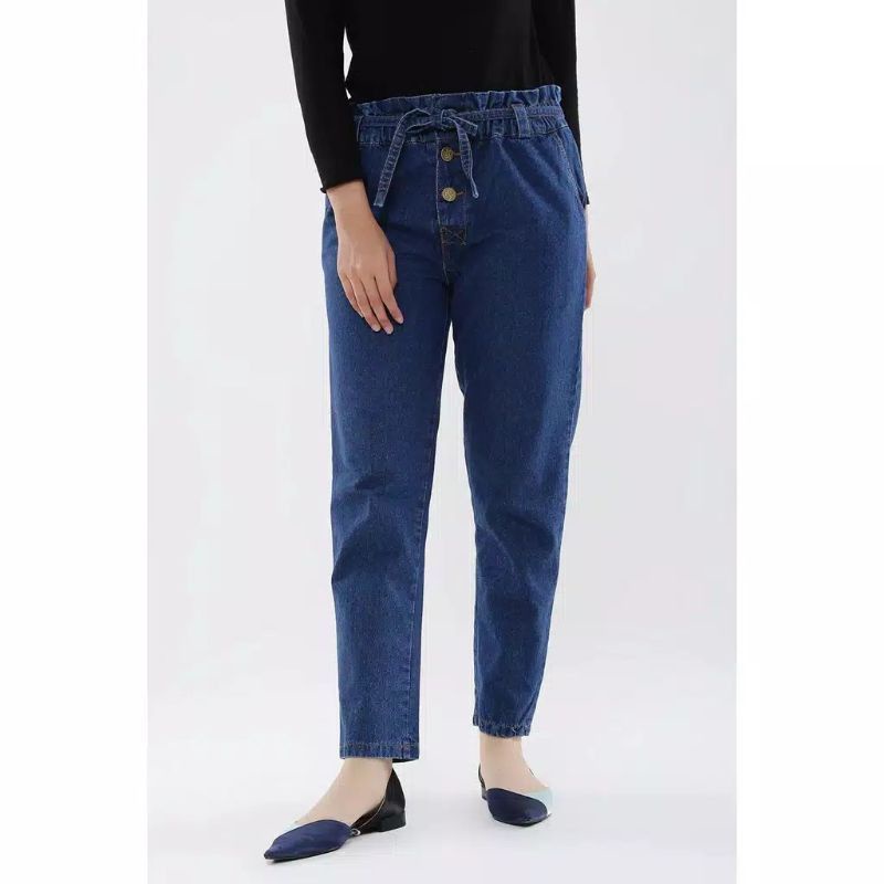 celana jumbo wanita baggy pant boyfriend jeans wanita pinggang karet melar