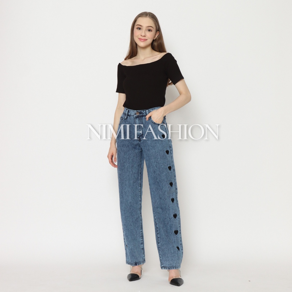 Nimi Celana Jeans High Waist Wanita Loose Jeans Love