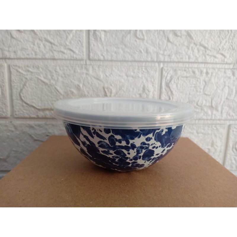 Deep Bowl/Mangkuk Blirik Biru dengan Tutup Plastik