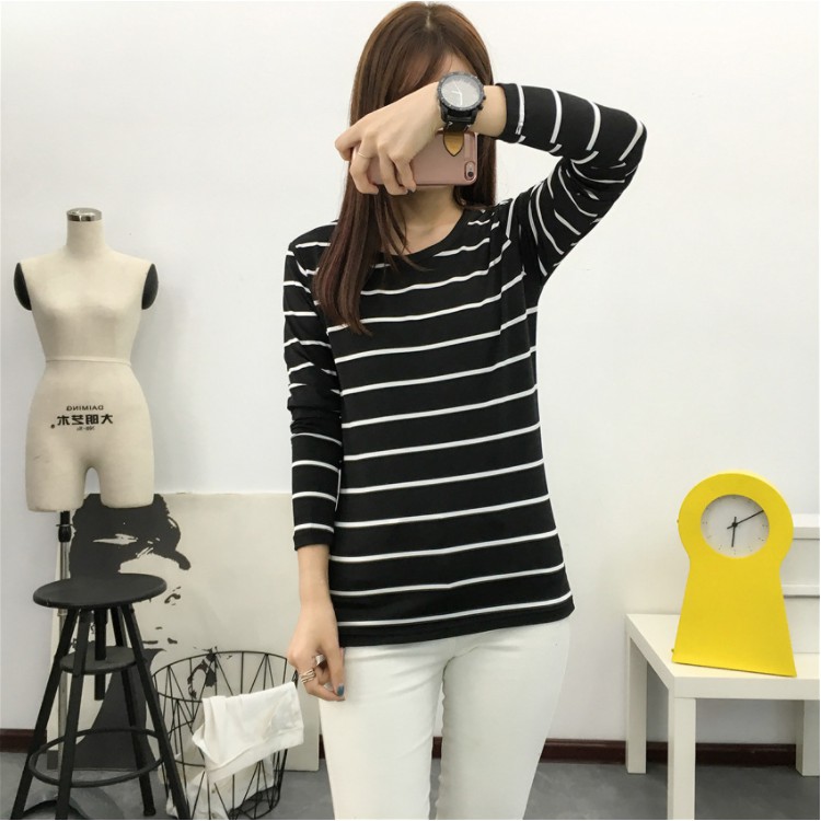 Kaos Wanita Lengan Panjang Kaos Bergaris T-shirt Casual Leher Bulat Kaos Fashion Korean Style