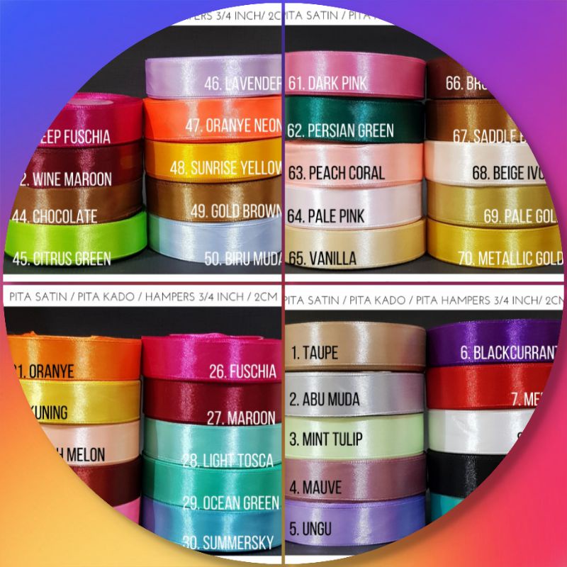 

Pita SATIN lebar 2cm warna warni per roll kado hiasan souvenir hampers pita potong Pita Satin 3/4 inch