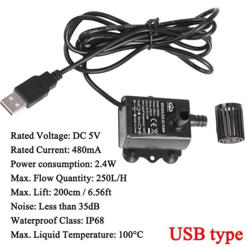 Pompa Air Mini USB Brushless Submersible Aquarium 5V 35dB Waterproof