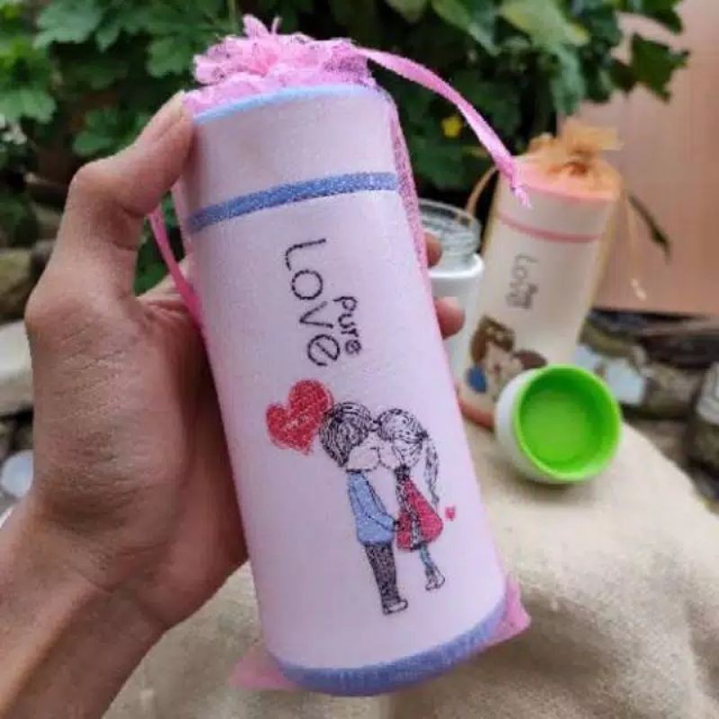 souvenir Tumbler custom pure love sablon nama gambar plus kemas sarung tile