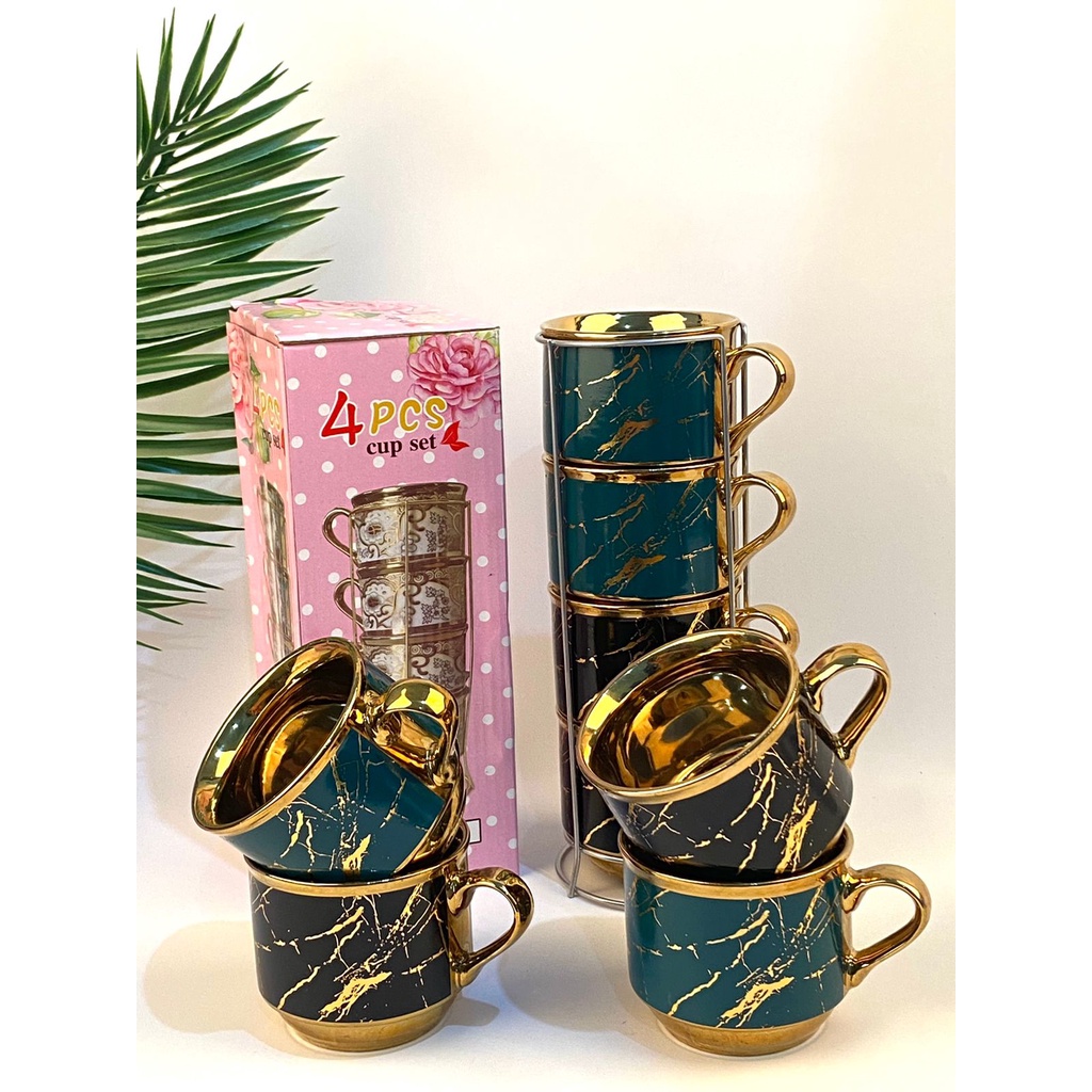 Cangkir Kopi Set Keramik Besar 230CC Gold Motif Marmer Isi 4pc