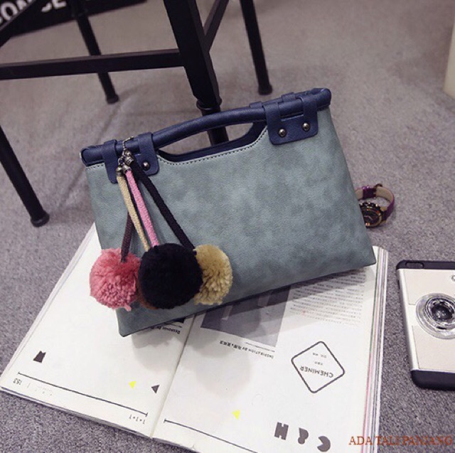SG1383 Syafniegalery handbag with pompom tas pesta  tasbatam impor tote bag tas kulit