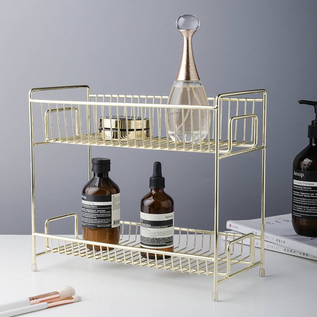 READY Rak Tempat Menyimpan Kosmetik Model Dua Lapisan Gaya Nordic Warna Emas Bahan Besi Rak gold