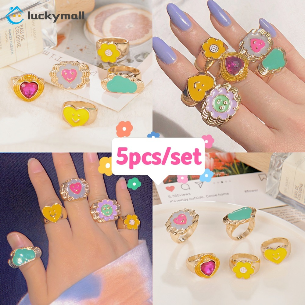 5pcs / Set Cincin Bentuk Bunga Hati Geometris Warna-Warni Gaya Retro Untuk Hadiah