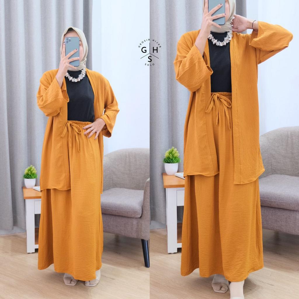 (KJI) ONE SET ALESHA LONG CARDI OVERSIZE DAILY SET ROK CRINCLE AIRFLOW