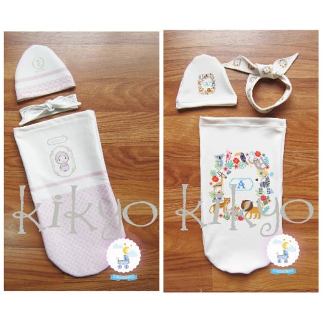 Cocoon swaddle ribbon &amp; hat custom name / bedong instant nama bayi