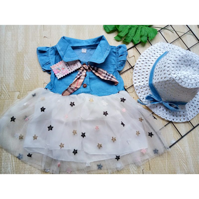 [0-3th] DRESS TUTU ANAK GAUN PESTA FREE TOPI PANTAI / DRESS TILE ANAK IMUT MOTIF STAR / DRESS TUTU ANAK IMPORT PREMIUM / DRESS TUTU TOPI PANTAI