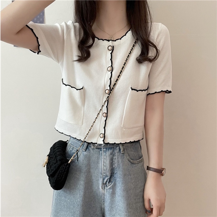 #Sisjuly# Wanita Lengan Pendek Putih Atasan Tipis Sweater Rajut Baru Kardigan Bawahan Pendek Wanita