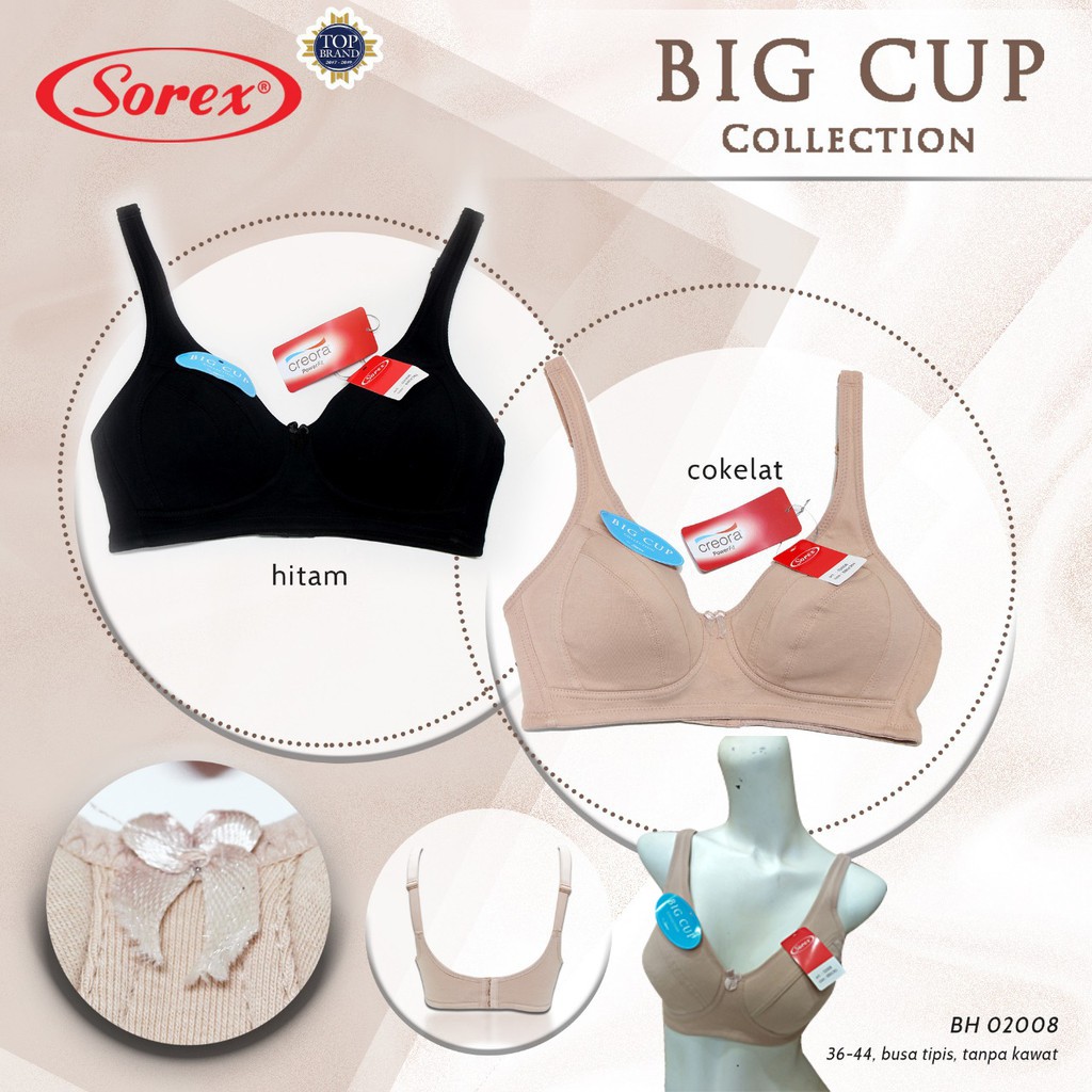 BRA Sorex 02008 busa tipis tanpa kawat big cup size 36 38 40 42 44 bh besar Katun 3 kait BTK