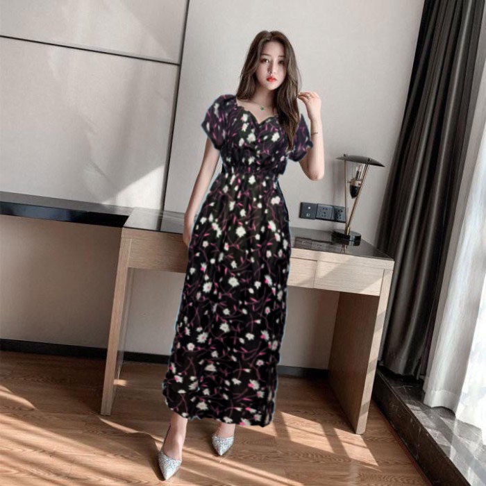 Long dress wanita panjang lengan pendek aneka motif 863