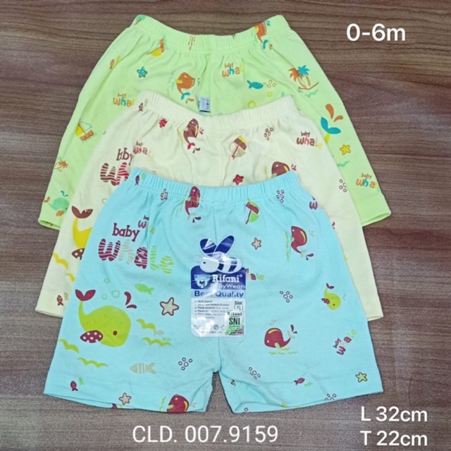 Celana pendek bayi anak 0-2 tahun isi 3pcs katun SNI motif