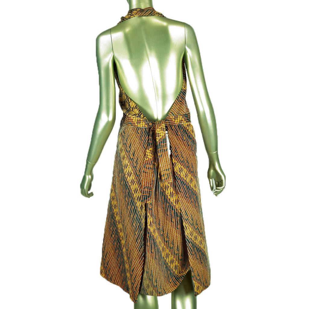 GAUN MIDI WANITA DRESS BATIK LAWASAN APLIKASI BENANG TINDIS BACKLESS WARNA COKLAT