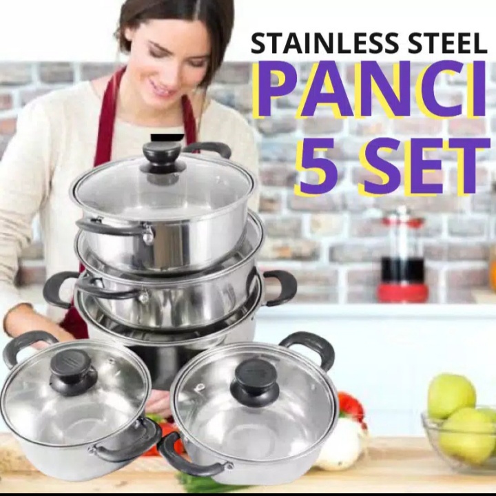 Panci Anti Lengket Panci Set5 Pcs Tutup Kaca Panci Set Stainless Steel Panci Beranak Ada Kukusan Mur