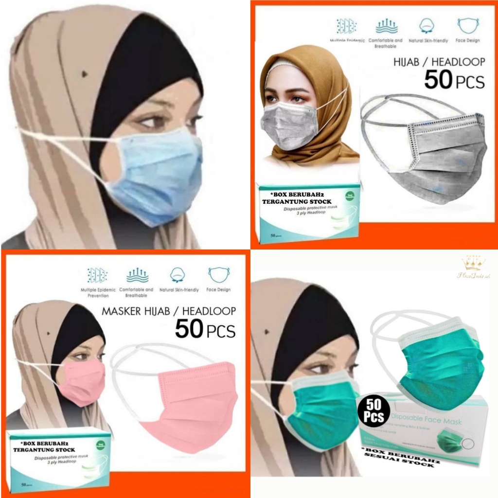 Masker 3ply Hijab warna warni disposable face mask masker medis 3 ply 1 pack 50 pcs