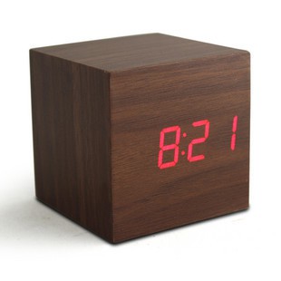 Wooden Digital Alarm Clock LED Light Multifunctional Modern Cube W001