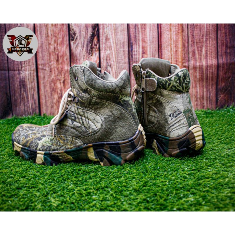 SEPATU SAFETY BOOTS CAMO HUNTING/BERBURU,SAFETY UJUNG BESI,TINGGI 6 INC