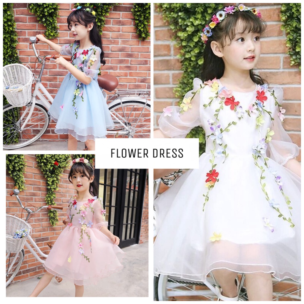 BAJUKIDDIE FLOWER DRESS GAUN BUNGA ANAK CEWEK ALA KOREA FASHION IMPORT CASUAL PUTIH PINK BIRU